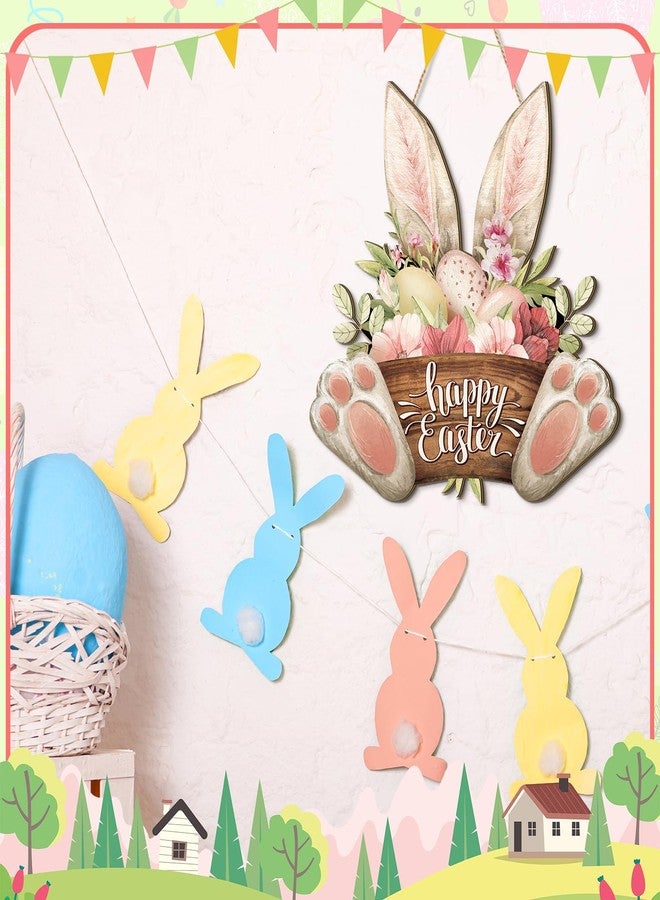 Barydat 1 Pcs Easter Wreaths for Front Door Bunny Welcome Wood Sign Door Hanger Spring Decorations Easter Hanging Plaque Rabbit Sign Decorations for Home Shop Garden (11.81 Inch) - Image 4