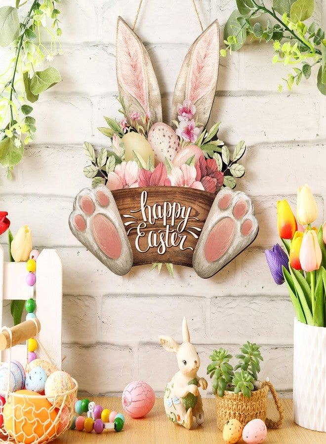 Barydat 1 Pcs Easter Wreaths for Front Door Bunny Welcome Wood Sign Door Hanger Spring Decorations Easter Hanging Plaque Rabbit Sign Decorations for Home Shop Garden (11.81 Inch) - Image 2