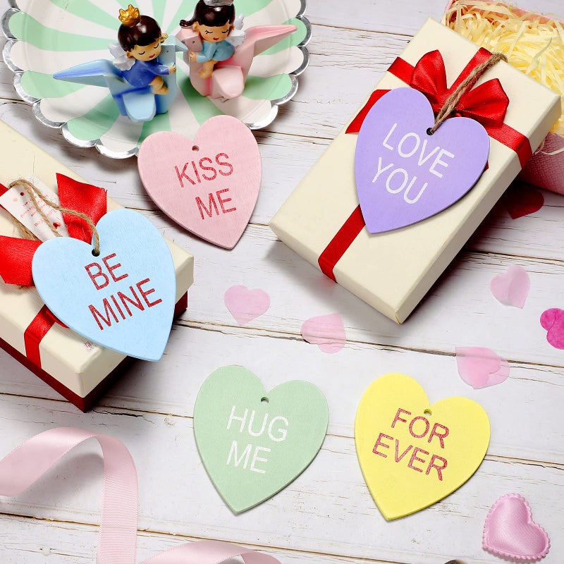 Youyole 30 Pieces Valentine's Conversation Heart Ornaments Wooden Candy Heart Shaped Hanging Wood Embellishment Hanging Ornament Kiss Me Hug Me Love Be Mine Forever for Valentine Decor Party Supplies - Image 4