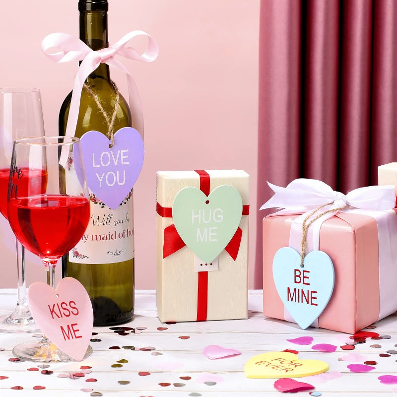 Youyole 30 Pieces Valentine's Conversation Heart Ornaments Wooden Candy Heart Shaped Hanging Wood Embellishment Hanging Ornament Kiss Me Hug Me Love Be Mine Forever for Valentine Decor Party Supplies - Image 5