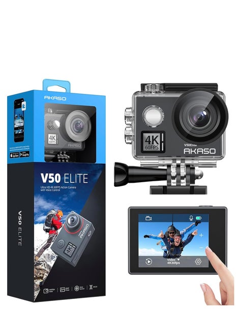 AKASO V50 Elite 4K60fps WiFi Action Camera with EIS Touch Screen Voice Control 40m Waterproof Underwater Camera with Adjustable View Angle 8X Zoom Remote Control Accessories Kit