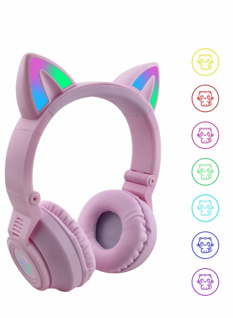 Excefore Wireless Bluetooth Headphones Kids Over-Ear Cat Ear LED Light Up Foldable for Girls Toddlers  Fire Tablet/Laptop/iPad/School - Image 1