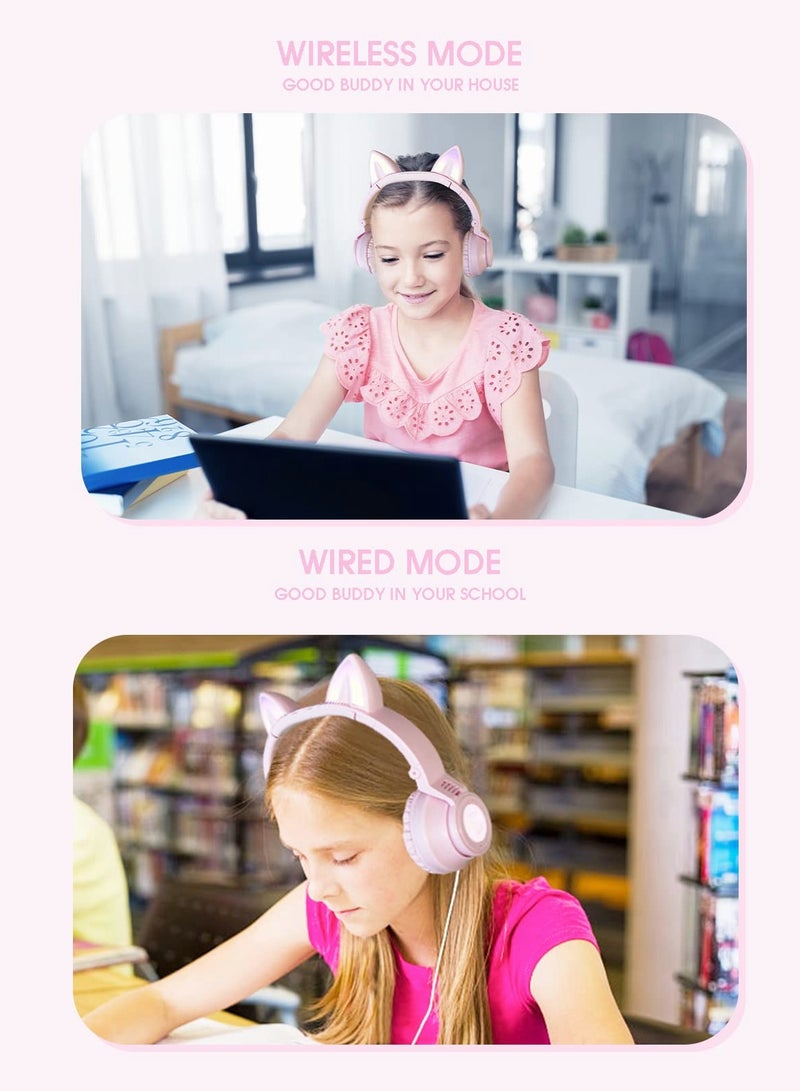 Excefore Wireless Bluetooth Headphones Kids Over-Ear Cat Ear LED Light Up Foldable for Girls Toddlers  Fire Tablet/Laptop/iPad/School - Image 3