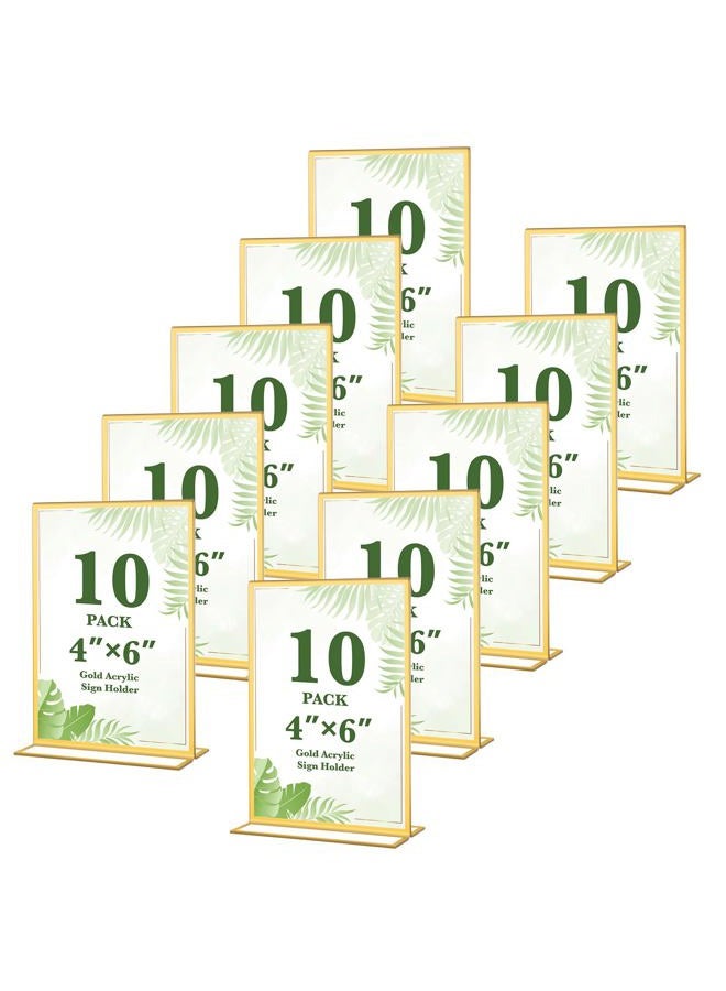 Alffun 10 Pack Gold Acrylic Sign Holders 4x6 Inch, Double Sided Vertical Stand Clear Picture Frames, Table Menu Display Holders for Wedding Table Numbers, Restaurant Signs, Party and Office Photos - Image 1
