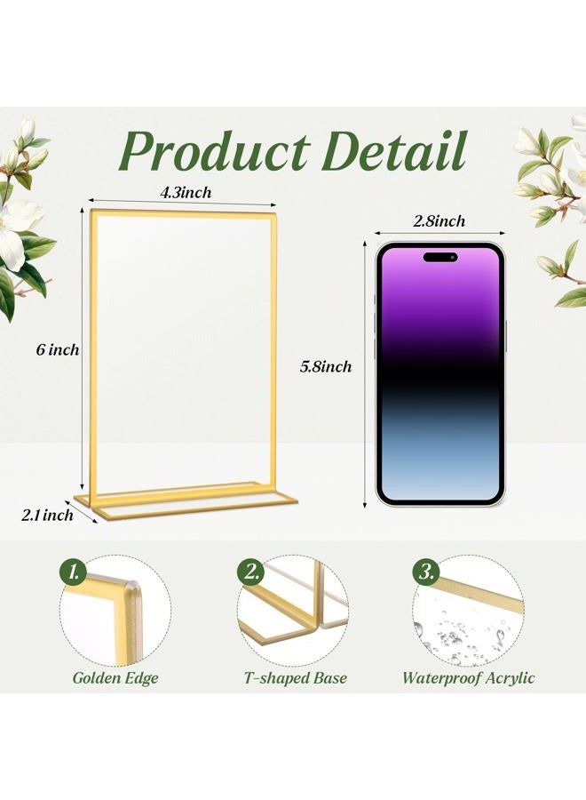 Alffun 10 Pack Gold Acrylic Sign Holders 4x6 Inch, Double Sided Vertical Stand Clear Picture Frames, Table Menu Display Holders for Wedding Table Numbers, Restaurant Signs, Party and Office Photos - Image 3
