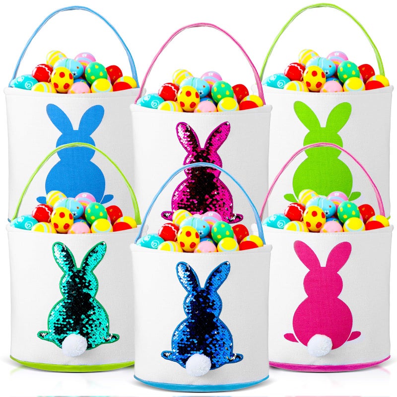 Saintrygo 6 Pieces Easter Bunny Basket Bags for Kids Canvas Easter Eggs Hunt Basket with Handle Gifts Bags Carrying BucketVivid Color
