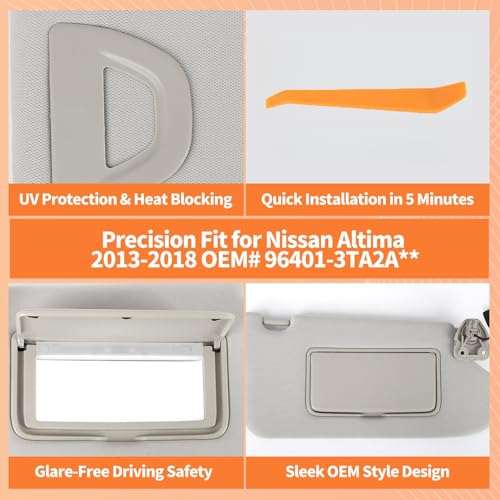 GlymXia Sun Visor Pair with Clips Compatible with 2013-2018 Nissan Altima (Driver Left & Passenger Right Side), Cloth Fabric Sunvisor Assembly - (Color Gray - Image 4