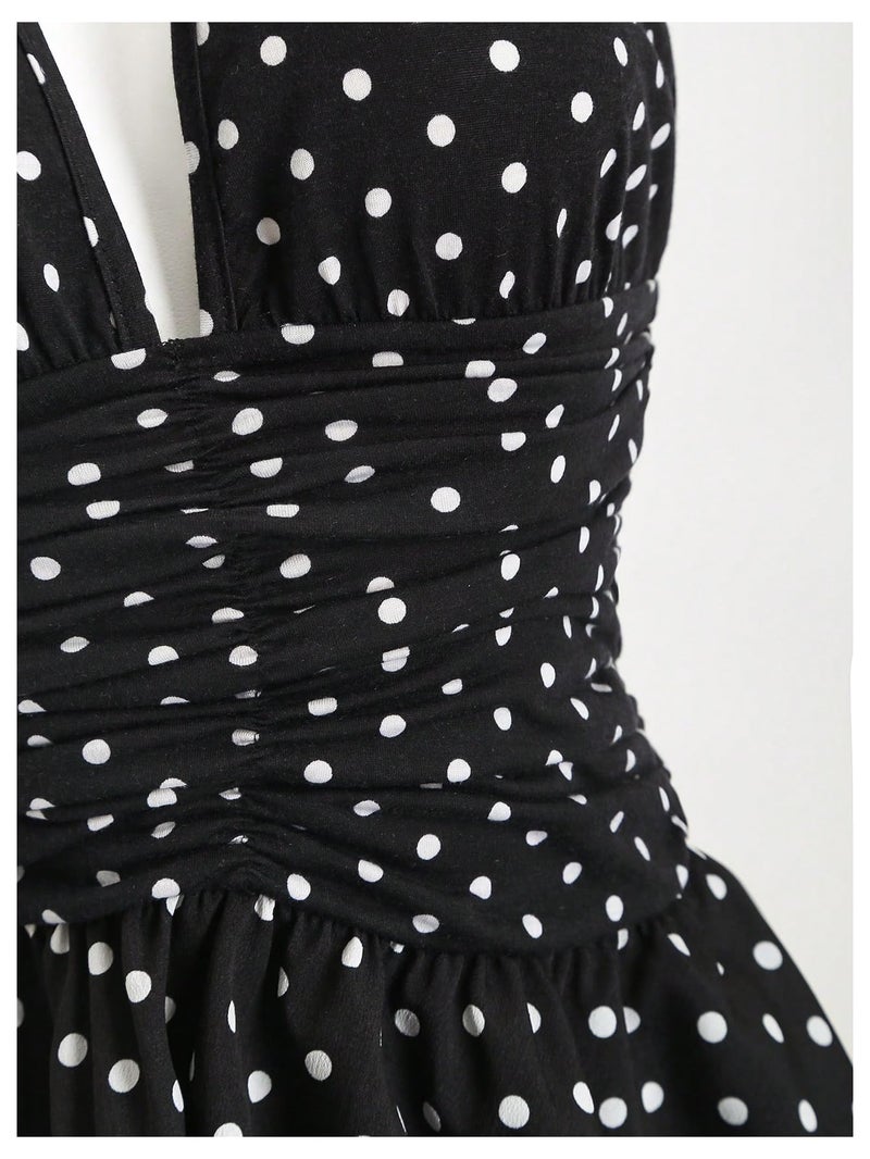 Floerns Women's Cute Halter Dress Sleeveless Polka Dots Layered Ruffle Vintage Mini Dresses Black Medium - Image 5