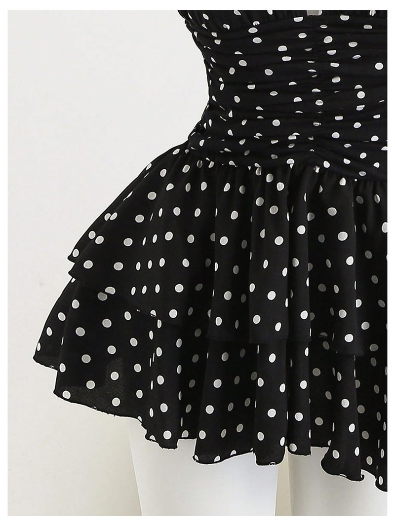 Floerns Women's Cute Halter Dress Sleeveless Polka Dots Layered Ruffle Vintage Mini Dresses Black Medium - Image 4