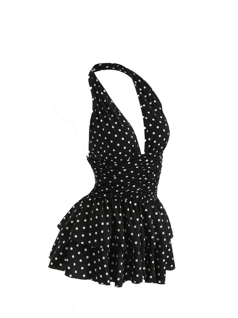 Floerns Women's Cute Halter Dress Sleeveless Polka Dots Layered Ruffle Vintage Mini Dresses Black Medium - Image 1