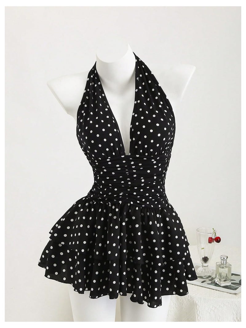Floerns Women's Cute Halter Dress Sleeveless Polka Dots Layered Ruffle Vintage Mini Dresses Black Medium - Image 3