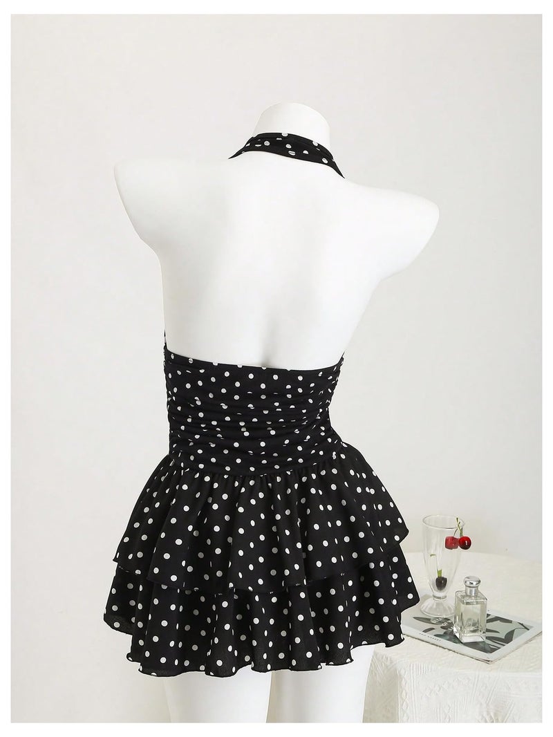 Floerns Women's Cute Halter Dress Sleeveless Polka Dots Layered Ruffle Vintage Mini Dresses Black Medium - Image 2