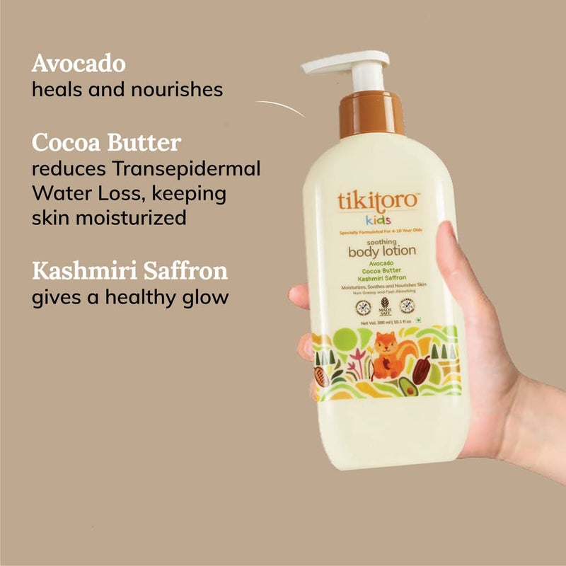 Tikitoro Kids Soothing Body Lotion Pediatrician Approved Moisturizes Soothes Nourishes Skin 100 Vegan with Avocado Cocoa Butter Kashmiri Saffron Extract Daily Use Age 4 Years 300 x 2 - Image 3