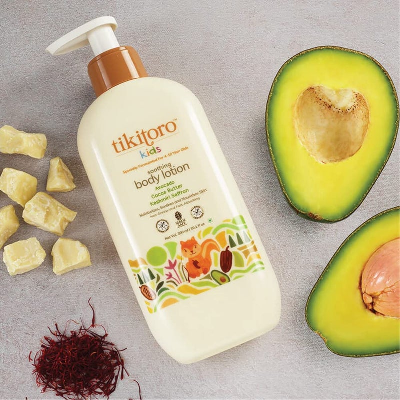Tikitoro Kids Soothing Body Lotion Pediatrician Approved Moisturizes Soothes Nourishes Skin 100 Vegan with Avocado Cocoa Butter Kashmiri Saffron Extract Daily Use Age 4 Years 300 x 2 - Image 2