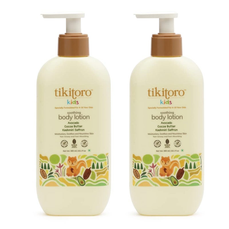Tikitoro Kids Soothing Body Lotion Pediatrician Approved Moisturizes Soothes Nourishes Skin 100 Vegan with Avocado Cocoa Butter Kashmiri Saffron Extract Daily Use Age 4 Years 300 x 2 - Image 1