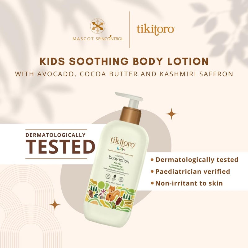 Tikitoro Kids Soothing Body Lotion Pediatrician Approved Moisturizes Soothes Nourishes Skin 100 Vegan with Avocado Cocoa Butter Kashmiri Saffron Extract Daily Use Age 4 Years 300 x 2 - Image 5