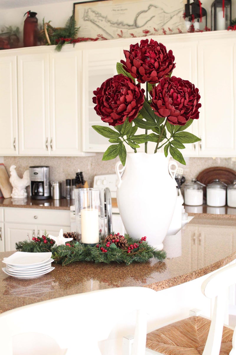 Briful 3PCS Red Peony Artificial Flower Stems 29.1in Long Stem Fake Peonies Silk Floral Arrangement Real Touch Peony Flower for Christmas Home Vase Party Wedding Bouquet Decor - Image 5