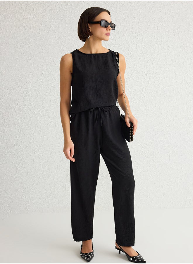 trendyol Black Sleeveless Blouse and Elastic Waist Wide Leg/Wide Leg Trousers Woven Bottom-Top Set TWOSS25AU00029  - Image 2