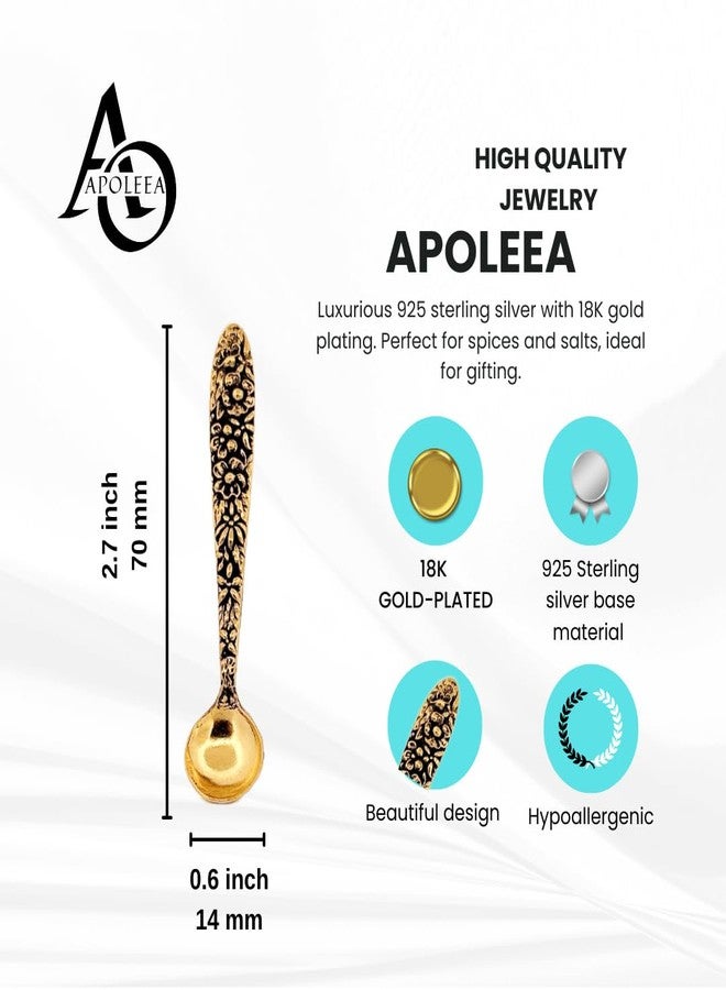 APOLEEA 18K Gold Plated 925 Sterling Silver Small Salt Spoon - Premium Quality 2.7" Polished Round Bowl Mustard Spoon - Flower Designed Handle - Gift for Culinary Enthusiasts - Image 2