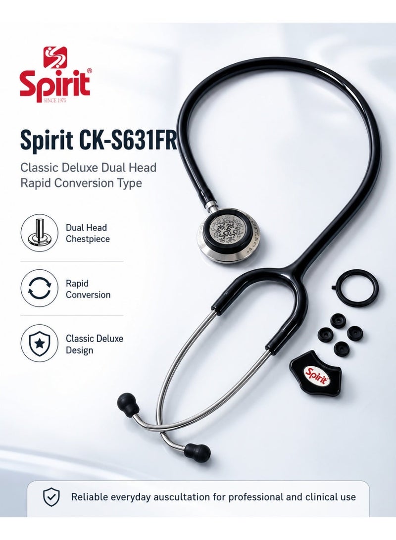 سبيريت سماعة طبيب سبيريت CK-S631FR كلاسيك ديلوكس برأس مزدوج ونظام تحويل سريع، أداة فحص سمعي للاستخدام المهني واليومي مزودة بقطعة صدر مزدوجة، والتقاط صوت واضح، وأنبوب مرن، وسدادات أذن مائلة، وأنابيب أذن معدنية متينة، مع حلقة تحويل وقطع إضافية مرفقة - Image 1