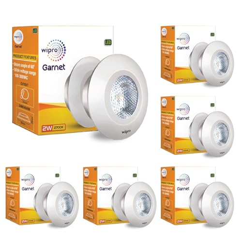 wipro Polycarbonate Garnet 2W GU10 Led Integrated Spotlight|Cool White (6500K)|Compact Design Ceiling Spot Light for Cabinets & Wardrobes| Cutout-33Mm|Pack of 6 - - Image 1
