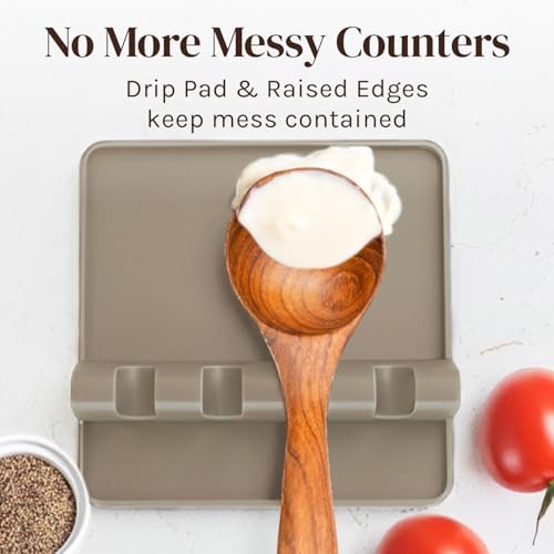 Cooler Kitchen Cream Silicone Spoon Rest for Stove Top with Drip Pad (Two Pack) - Heat-Resistant, BPA-Free Utensil Rest & Spoon Holder for Kitchen Counter - Grill Utensil Holder for Spatulas - Image 3