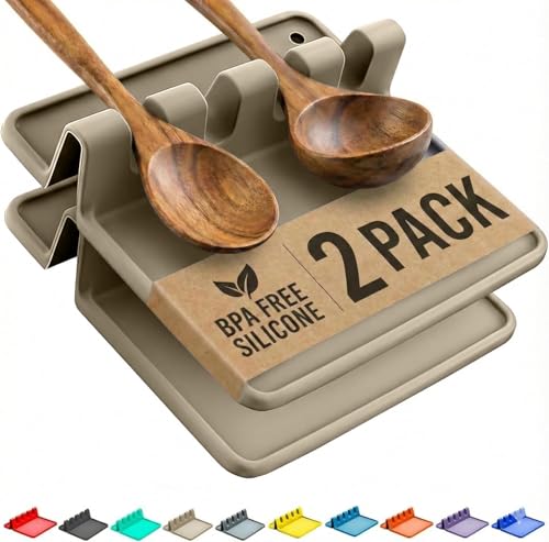 Cooler Kitchen Cream Silicone Spoon Rest for Stove Top with Drip Pad (Two Pack) - Heat-Resistant, BPA-Free Utensil Rest & Spoon Holder for Kitchen Counter - Grill Utensil Holder for Spatulas - Image 1