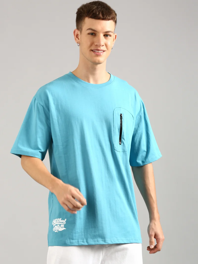 جوفن Men Sky Blue Printed and Zipper Pocket Pure Cotton Oversized T-Shirt
