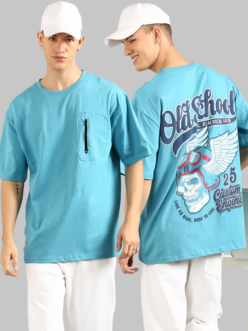 جوفن Men Sky Blue Printed and Zipper Pocket Pure Cotton Oversized T-Shirt