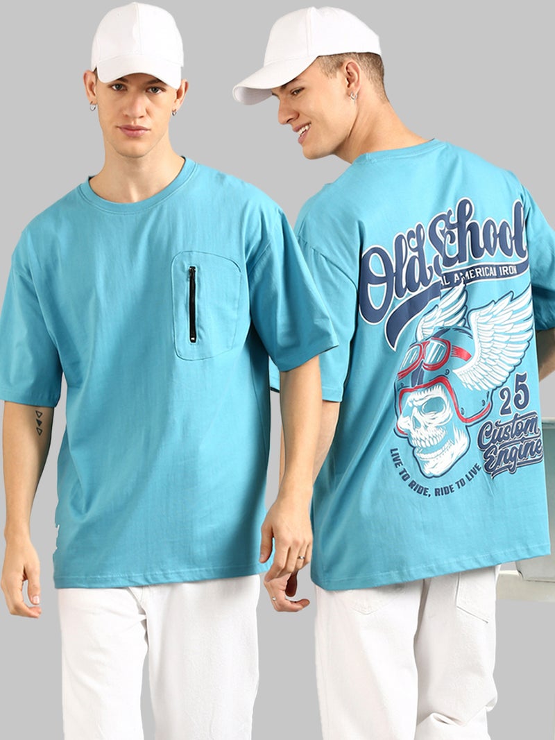 Joven Men Sky Blue Printed and Zipper Pocket Pure Cotton Oversized T-Shirt - Image 1