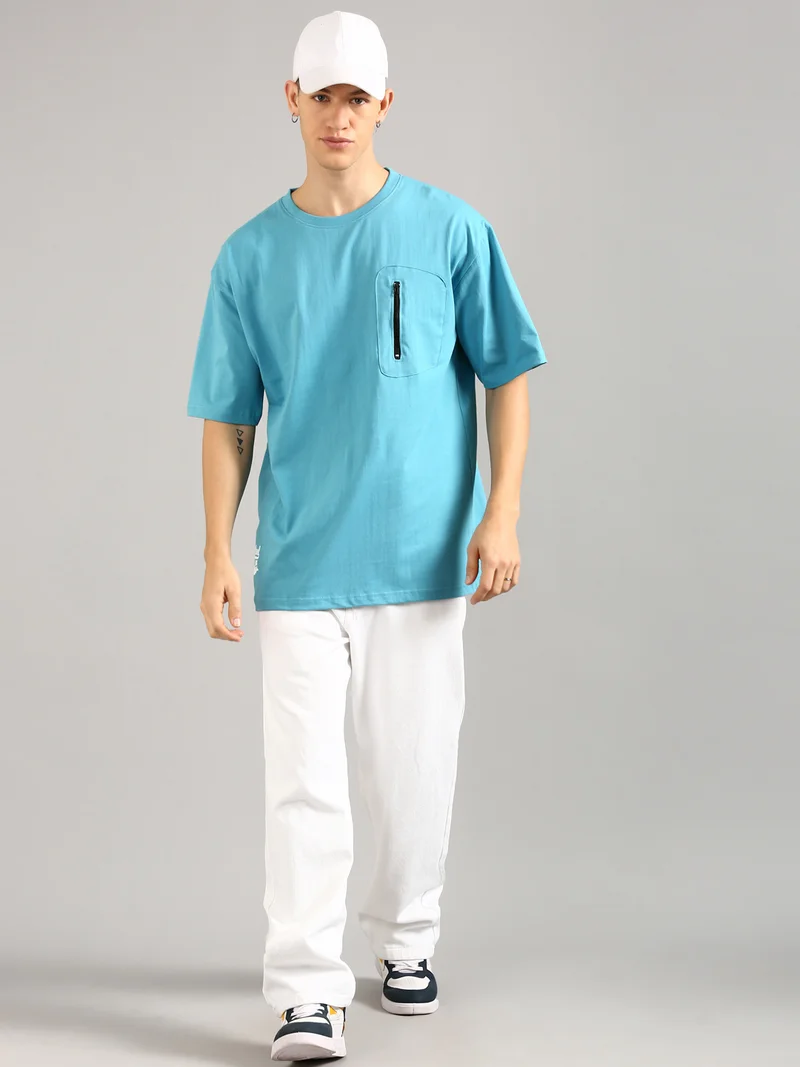 جوفن Men Sky Blue Printed and Zipper Pocket Pure Cotton Oversized T-Shirt
