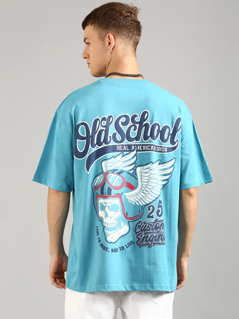 جوفن Men Sky Blue Printed and Zipper Pocket Pure Cotton Oversized T-Shirt