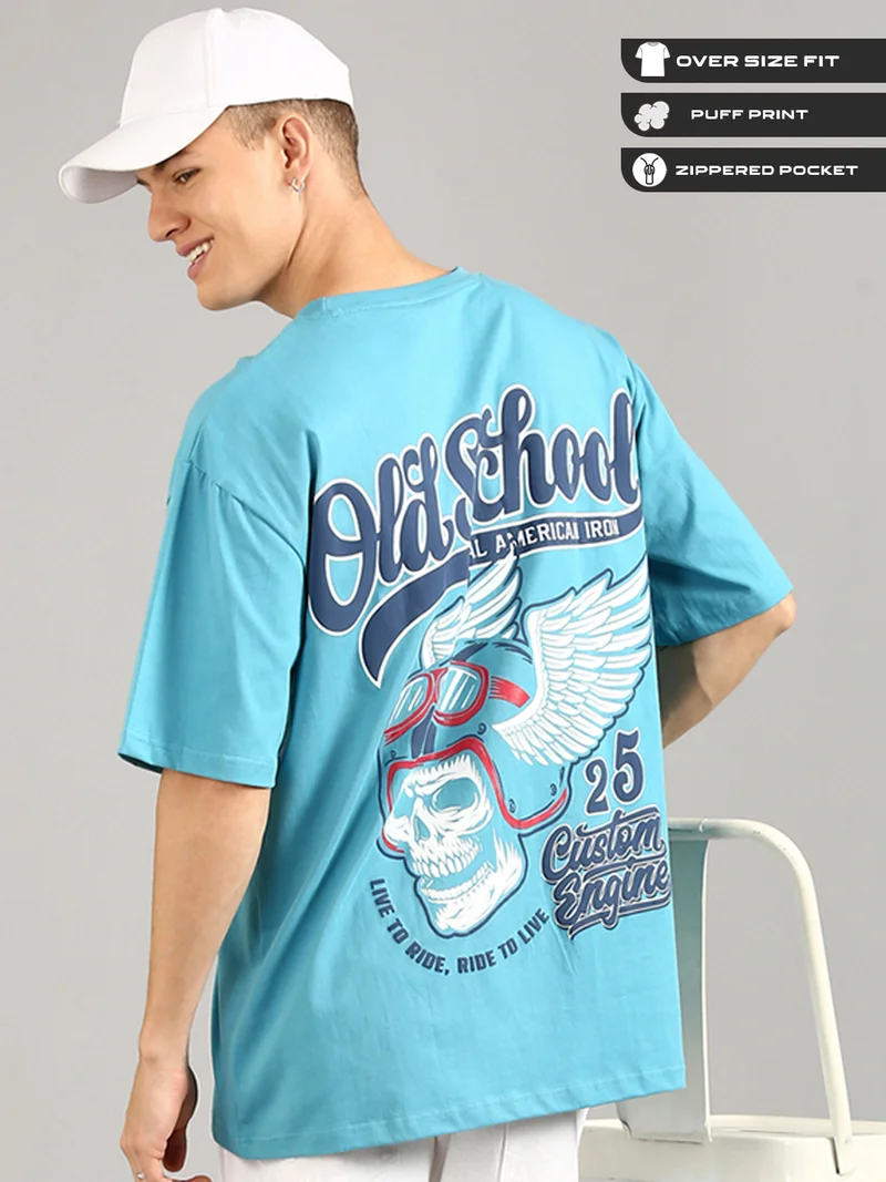 جوفن Men Sky Blue Printed and Zipper Pocket Pure Cotton Oversized T-Shirt