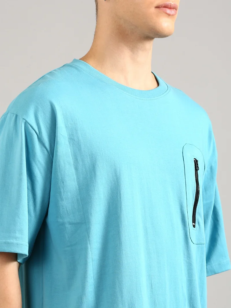 جوفن Men Sky Blue Printed and Zipper Pocket Pure Cotton Oversized T-Shirt