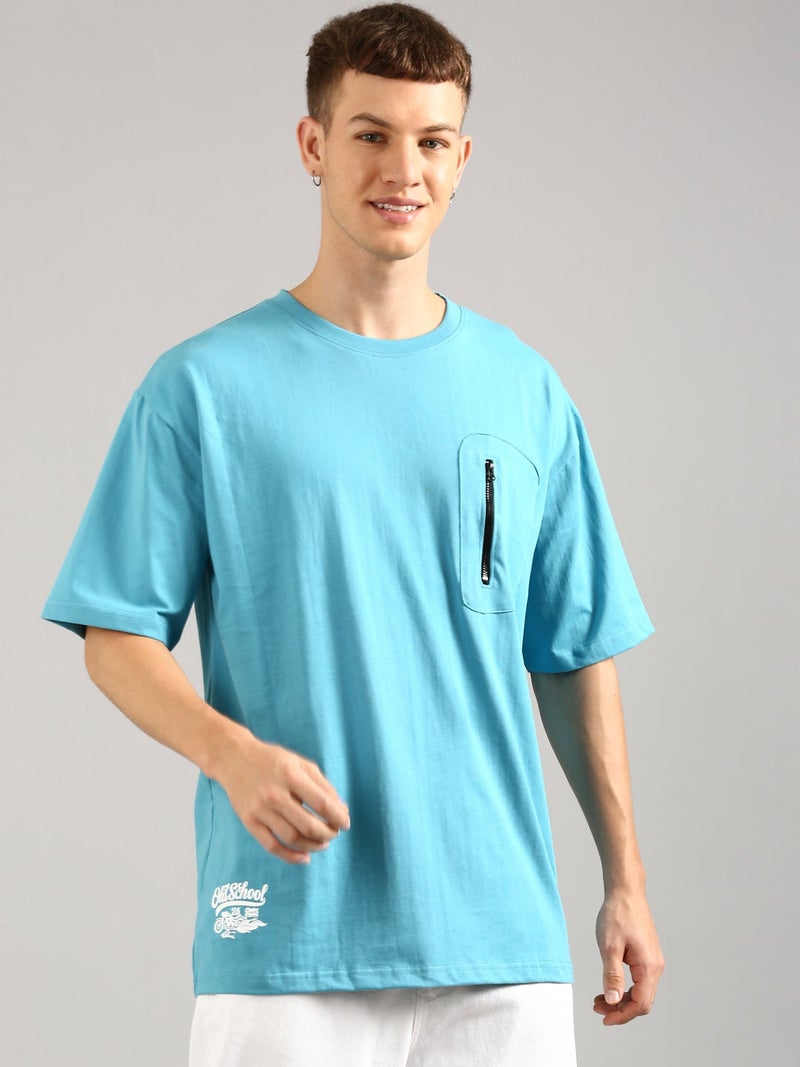 Joven Men Sky Blue Printed and Zipper Pocket Pure Cotton Oversized T-Shirt - Image 3