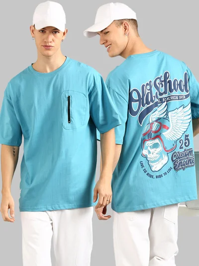 Joven Men Sky Blue Printed and Zipper Pocket Pure Cotton Oversized T-Shirt