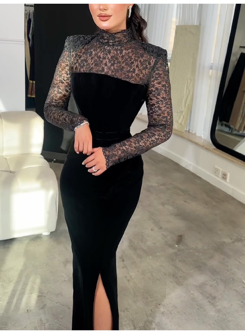 SCACTO Black Long Sleeve Lace Velvet Bodycon Dress 