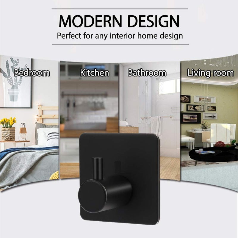 ShineMe Bluelark Adhesive Hooks Stainless Steel Wall Hook Heavy Duty Coat Key Robe Towel Hooks for Hanging Bathroom Home Kitchen Office Black 4 Pack - Image 3