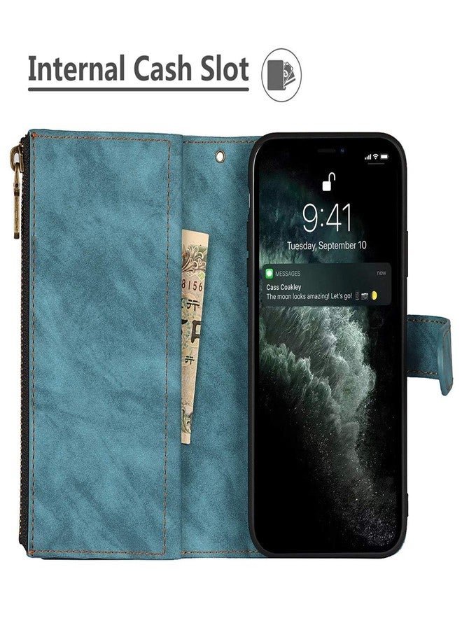 iCoverCase for iPhone 11 Pro Wallet Case with Card Holder and Wrist Strap, PU Leather Kickstand Card Slots Zipper Pocket Magnetic [Detachable] Flip Cover Case 5.8 Inch (Blue) - Image 4