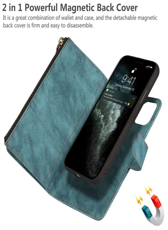 iCoverCase for iPhone 11 Pro Wallet Case with Card Holder and Wrist Strap, PU Leather Kickstand Card Slots Zipper Pocket Magnetic [Detachable] Flip Cover Case 5.8 Inch (Blue) - Image 5