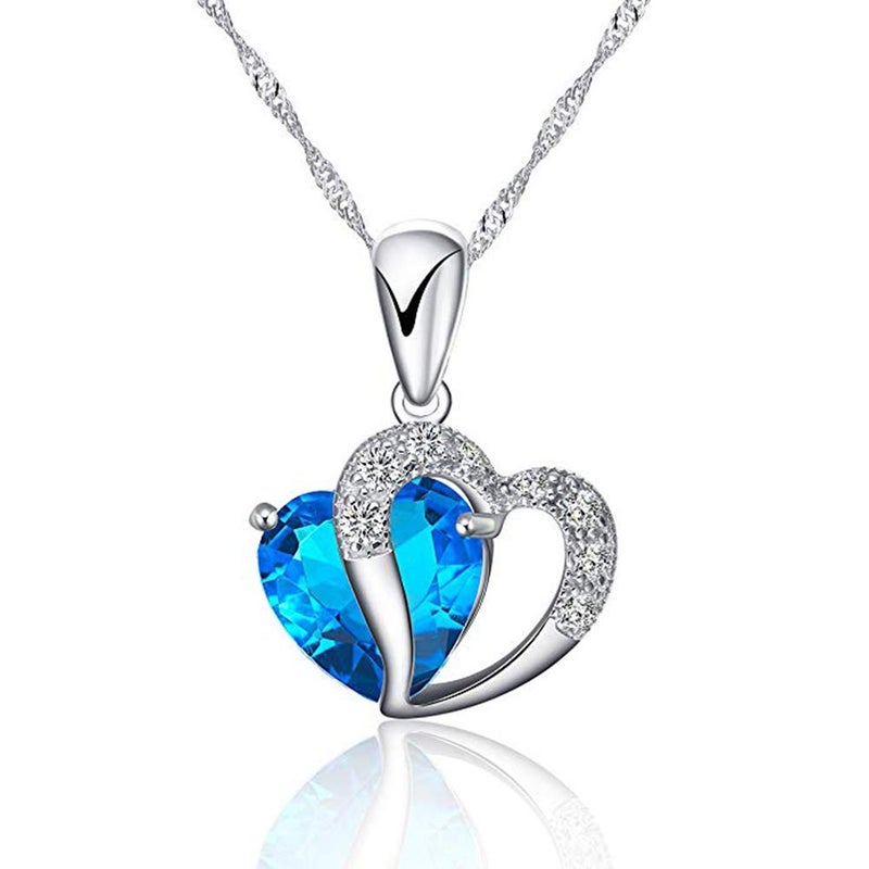Goldenchen Fashion Jewelry Silver Plated Necklace Chain and Blue/Purple Heart Pendant – Handmade with Sparkling Double Heart Silver and Crystal-Like Pendant Necklace (Blue) - Image 2