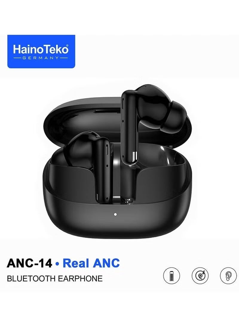 Haino Teko ANC--14 Bluetooth Earphones | Real Active Noise Cancellation | Deep Bass Music | Super Clear Microphone || Multi-Functional Touch Control | Compatible with iPhones & iPads | Black - Image 1