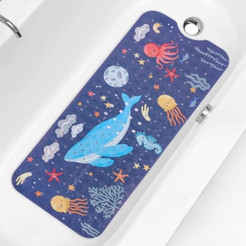 Non-Slip Bath Mat for Tub, Extra Long Whale Design with Suction Cups, Machine Washable Ocean Theme Whale, Octopus, Starfish,40x16in, Safety Anti-Slip with Drain Holes, Fun Bathroom Decor - Image 1