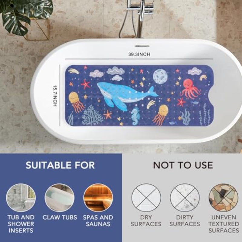 Non-Slip Bath Mat for Tub, Extra Long Whale Design with Suction Cups, Machine Washable Ocean Theme Whale, Octopus, Starfish,40x16in, Safety Anti-Slip with Drain Holes, Fun Bathroom Decor - Image 5
