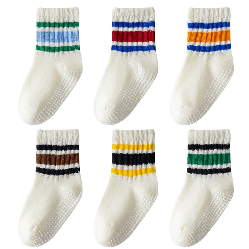 Wamvp Toddler Grip Socks with Non-Slip, Unisex Baby Retro Stripe Seamless Crew Ankle Cotton Socks for Girls Boys 6 Pairs,Colorful-1 3-12Months - Image 1