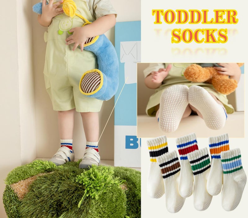 Wamvp Toddler Grip Socks with Non-Slip, Unisex Baby Retro Stripe Seamless Crew Ankle Cotton Socks for Girls Boys 6 Pairs,Colorful-1 3-12Months - Image 3