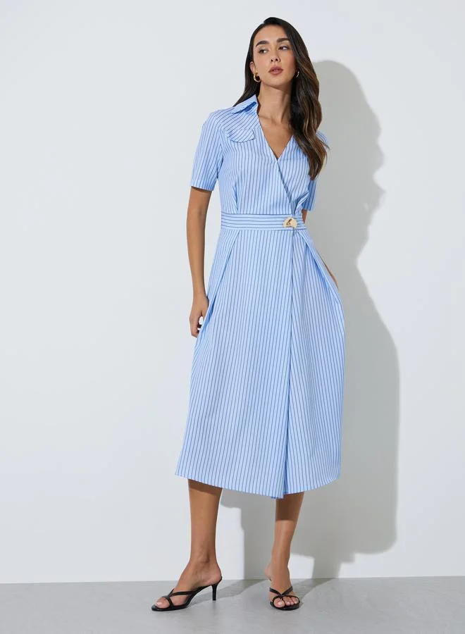 Styli Blue Striped Casual Shirt Midi Dress