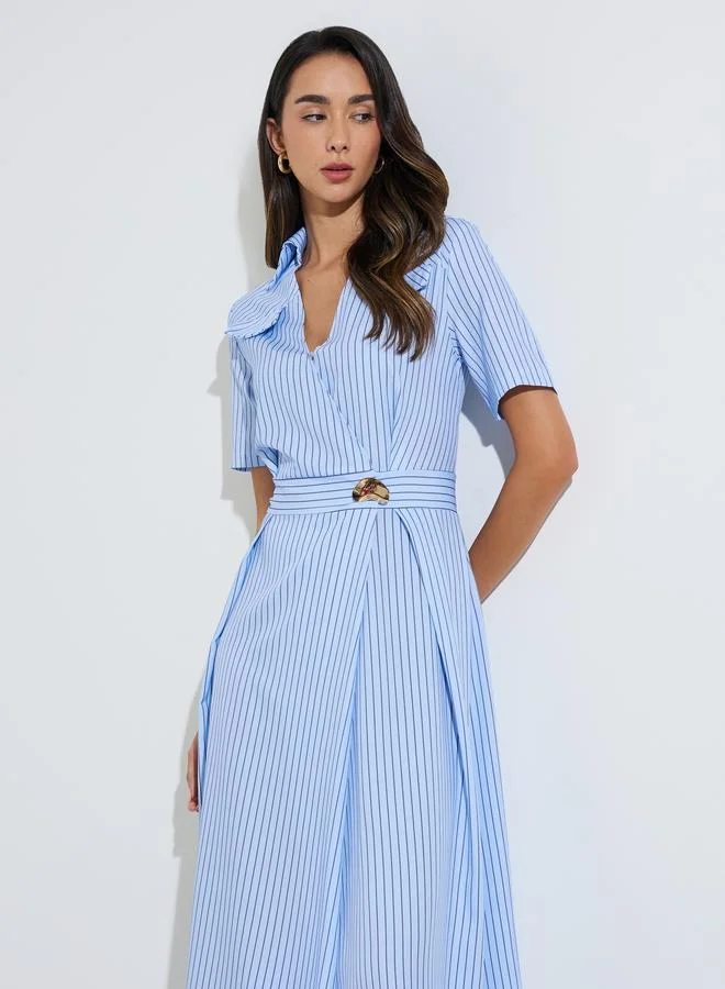 Styli Blue Striped Casual Shirt Midi Dress