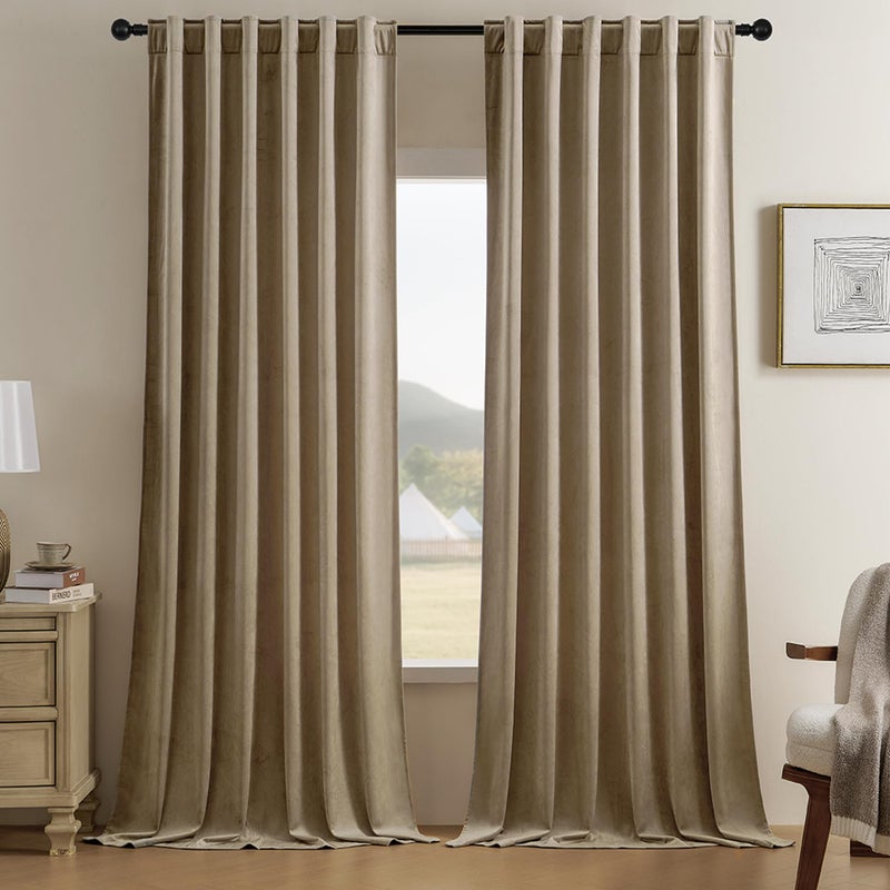 Timeper Taupe Velvet Curtains 90 Inches 2 Panels  Light Blocking Curtains For Bedroom Living Room Thermal Insulated Luxury Super Soft Window Drapes Back Tab & Rod Pocket W52 X L90 Inches - Image 1