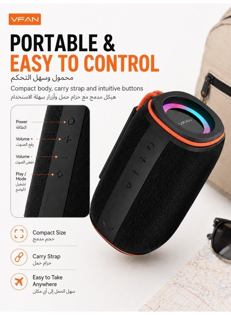 VFAN BS07 Portable Bluetooth Speaker 15 W Deep Bass RGB Light IPX6 Water Resistant TWS USB TF AUX Black - Image 4